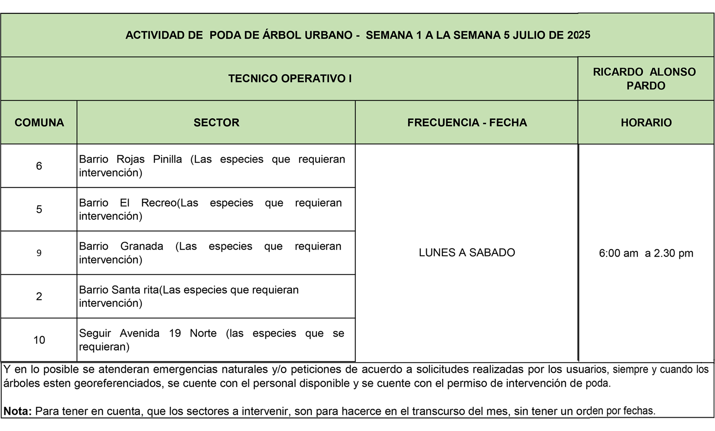 frecuencias y rutas poda de árbol JULIO 2025 1